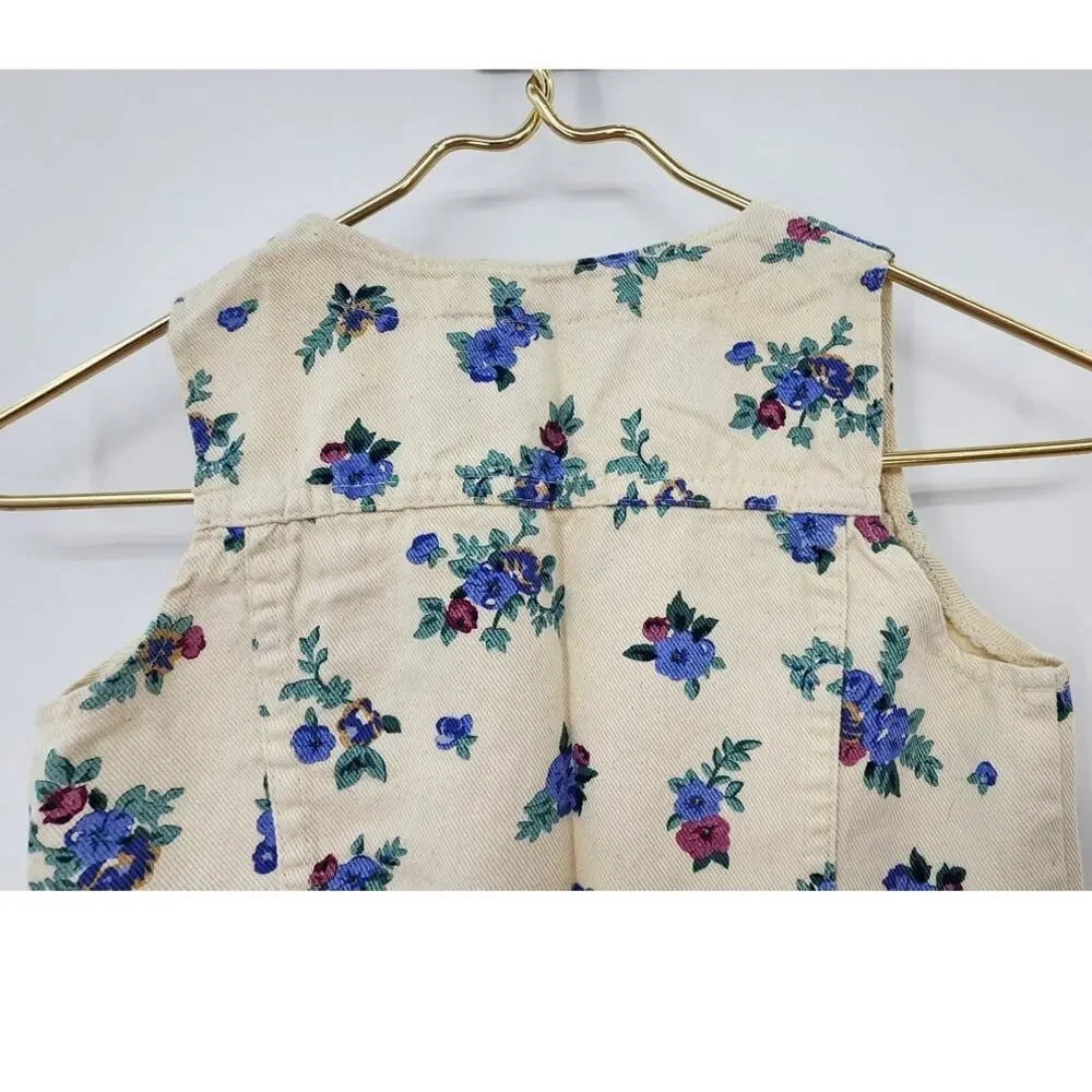 Vintage‎ Girls White Denim Floral Sleeveless Vest Size 4 Made In U.S.A.